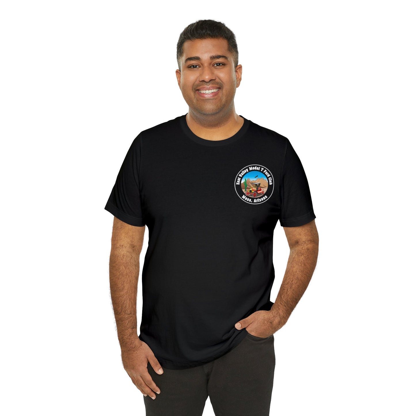 East Valley Model T Ford Club (front and back logo) Unisex Jersey Short Sleeve Tee
