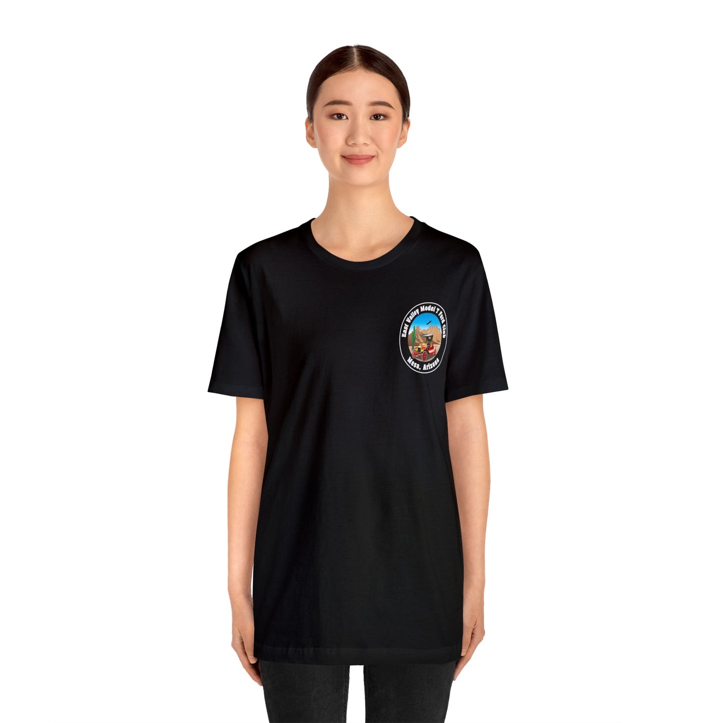 East Valley Model T Ford Club (front and back logo) Unisex Jersey Short Sleeve Tee