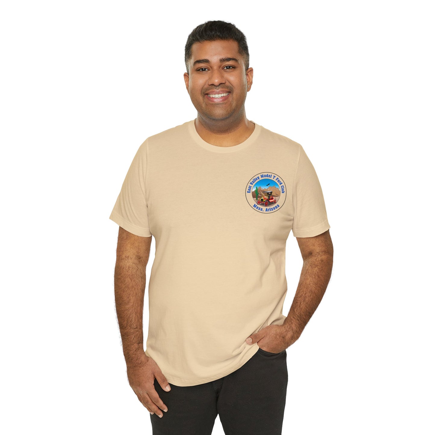 East Valley Model T Ford Club (front and back logo) Unisex Jersey Short Sleeve Tee