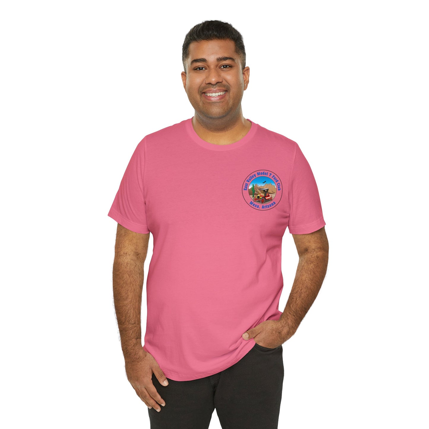 East Valley Model T Ford Club (front and back logo) Unisex Jersey Short Sleeve Tee