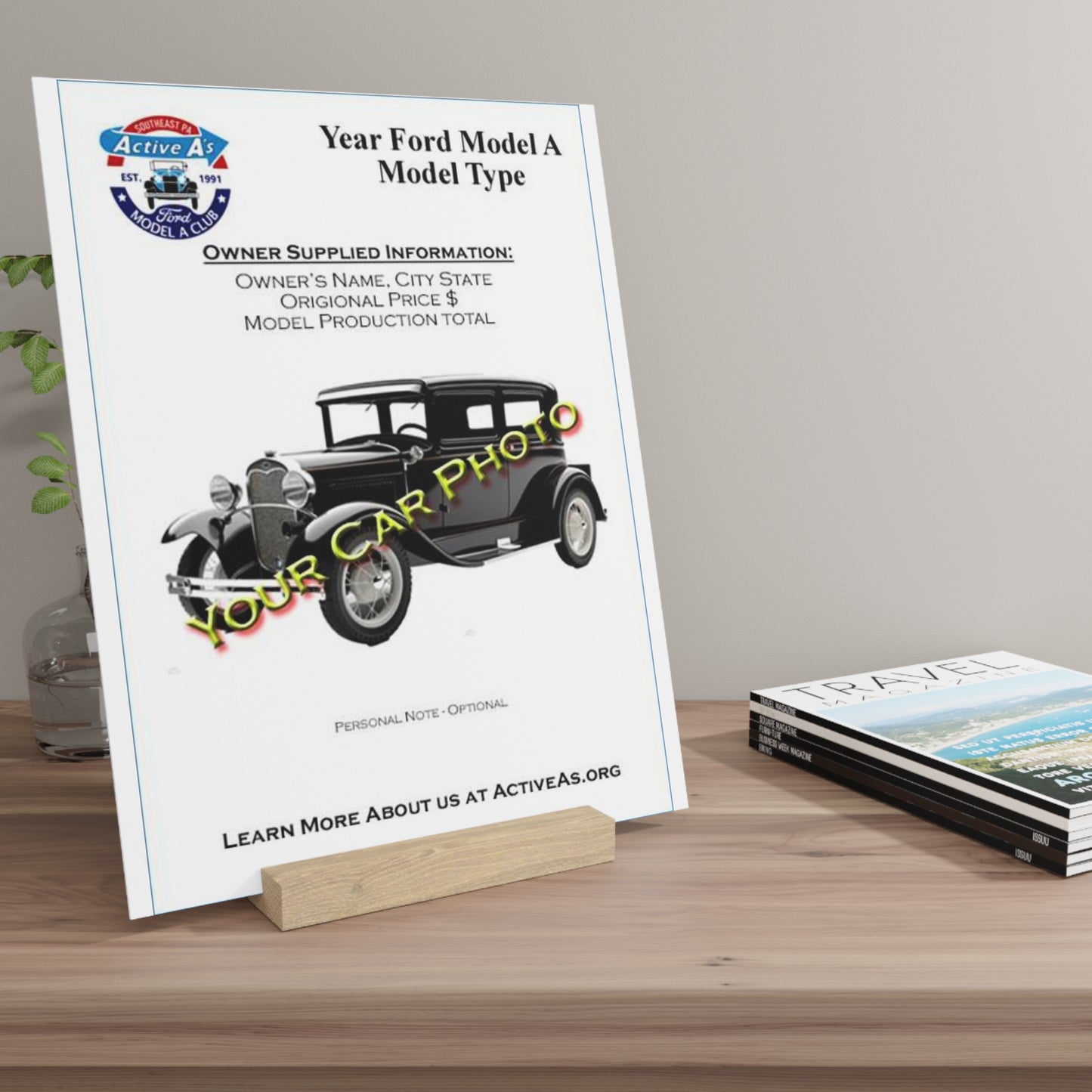 Active A's Ford Model A Club Gallery Board with Wooden Stand – Customizable Display Plaque