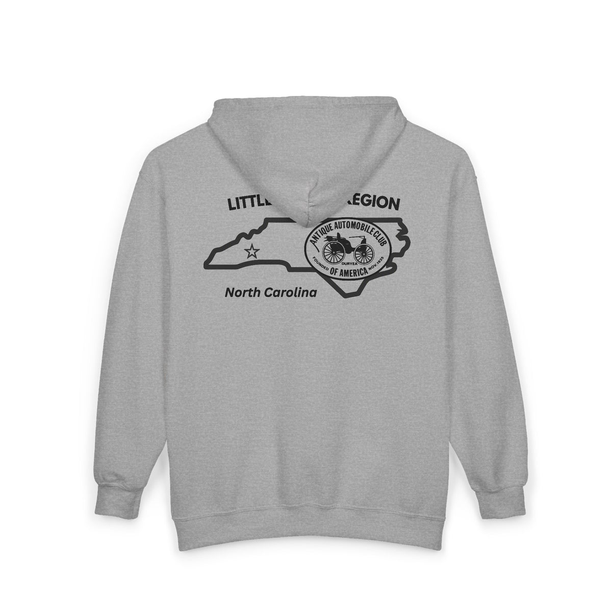 Little Detroit Region AACA North Carolina Full-Zip Hoodie — Small Front Logo and Large Back Logo