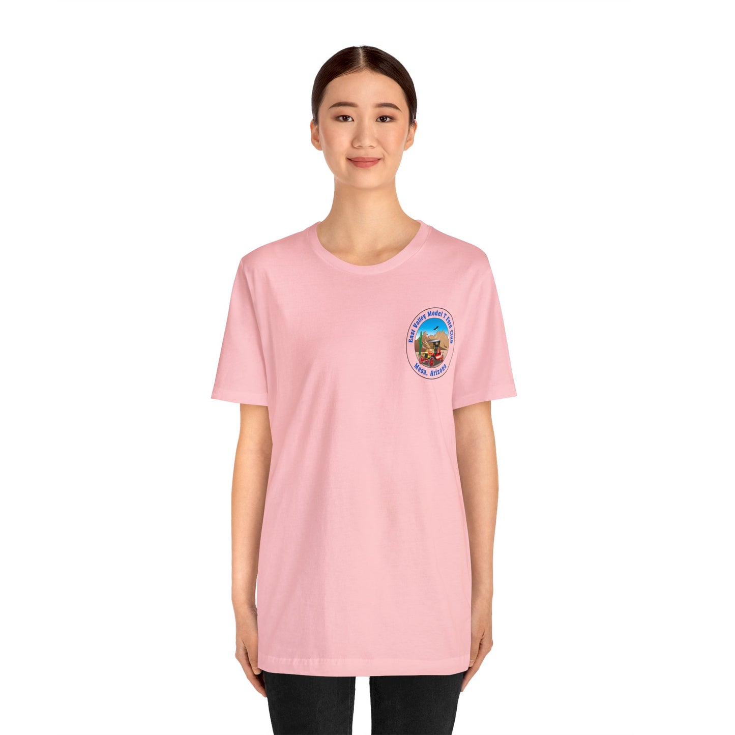 East Valley Model T Ford Club (front and back logo) Unisex Jersey Short Sleeve Tee