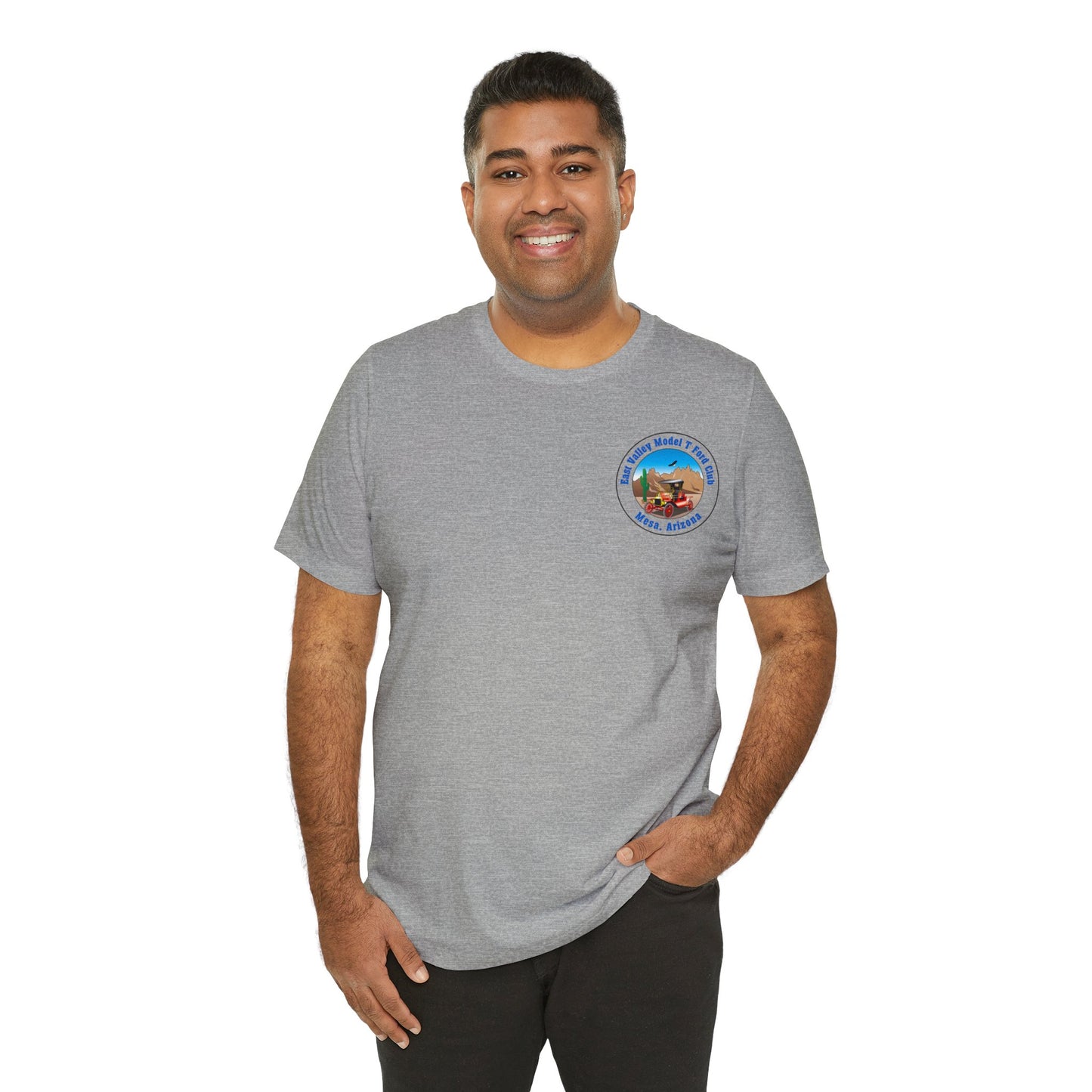 East Valley Model T Ford Club (front and back logo) Unisex Jersey Short Sleeve Tee