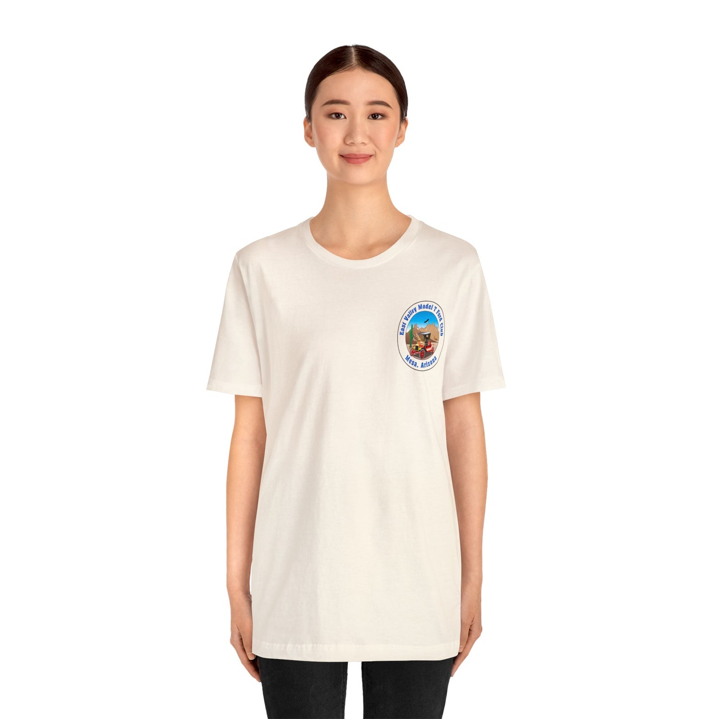 East Valley Model T Ford Club (front and back logo) Unisex Jersey Short Sleeve Tee