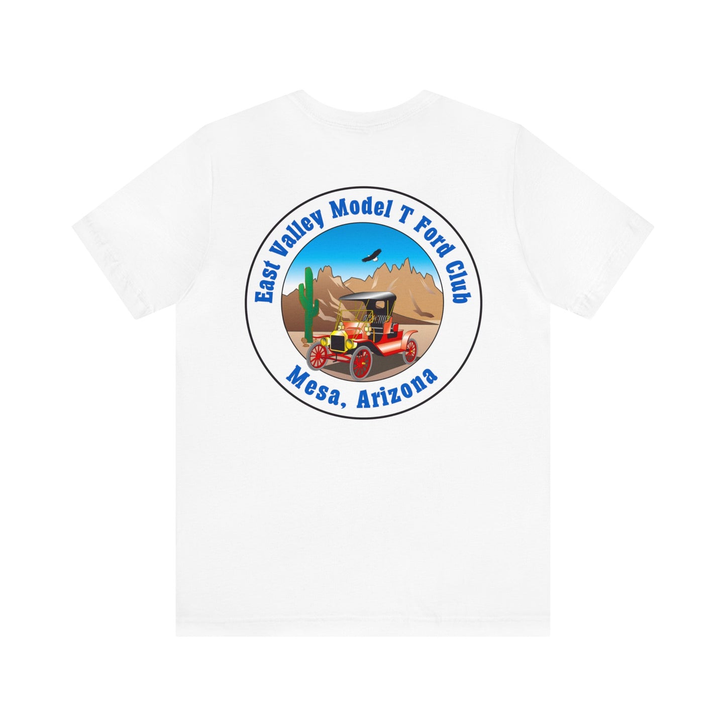 East Valley Model T Ford Club (front and back logo) Unisex Jersey Short Sleeve Tee
