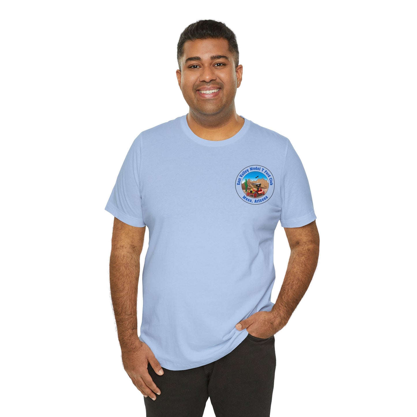 East Valley Model T Ford Club (front and back logo) Unisex Jersey Short Sleeve Tee