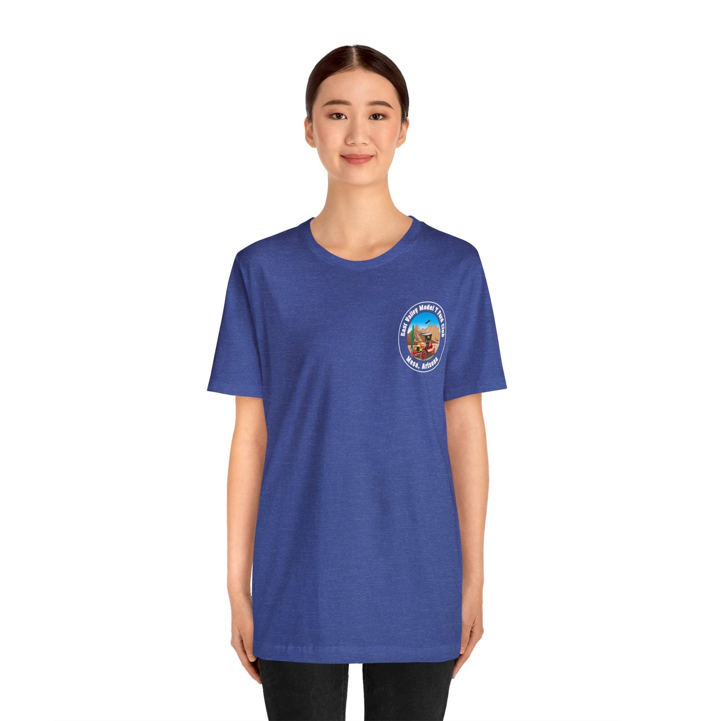 East Valley Model T Ford Club (front and back logo) Unisex Jersey Short Sleeve Tee
