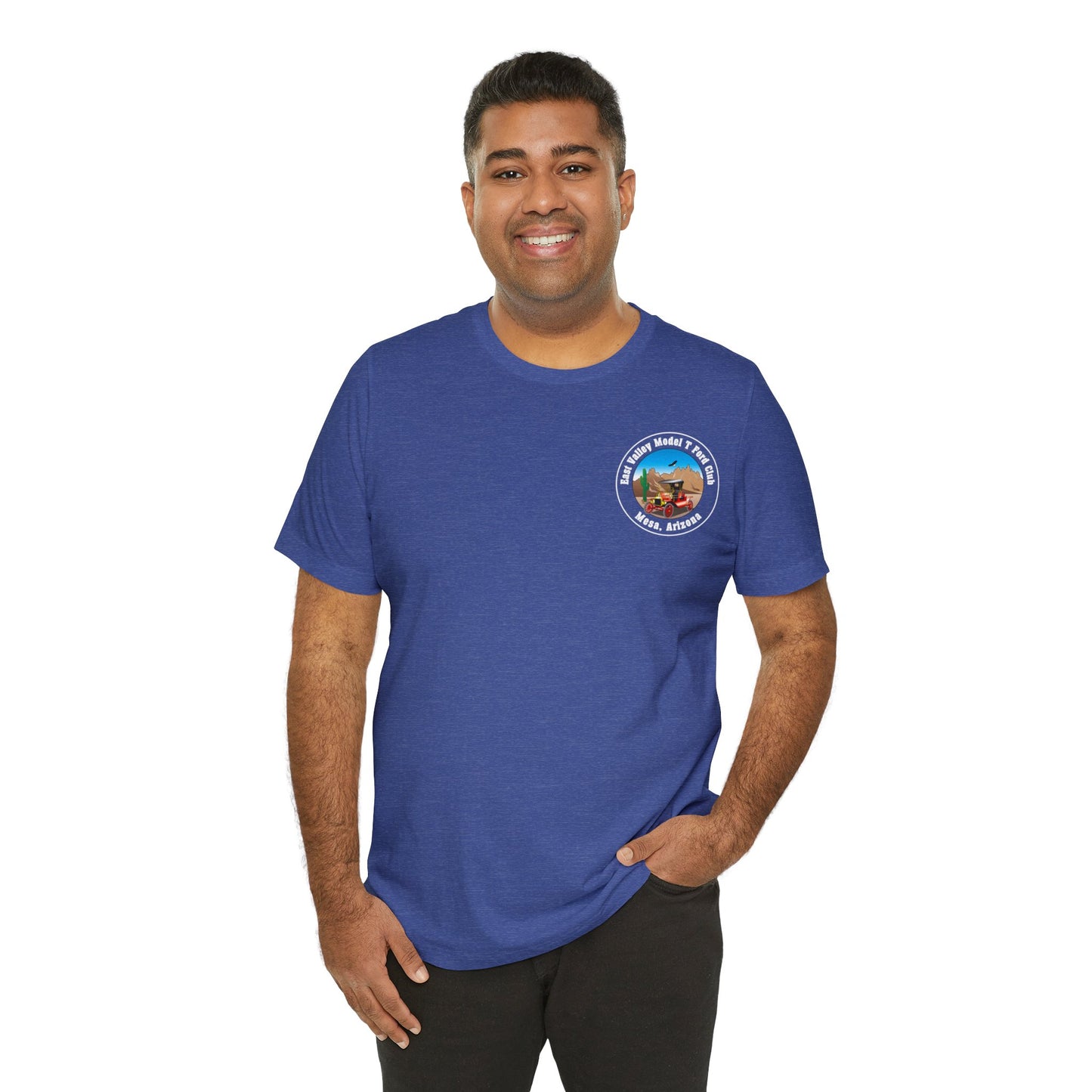 East Valley Model T Ford Club (front and back logo) Unisex Jersey Short Sleeve Tee