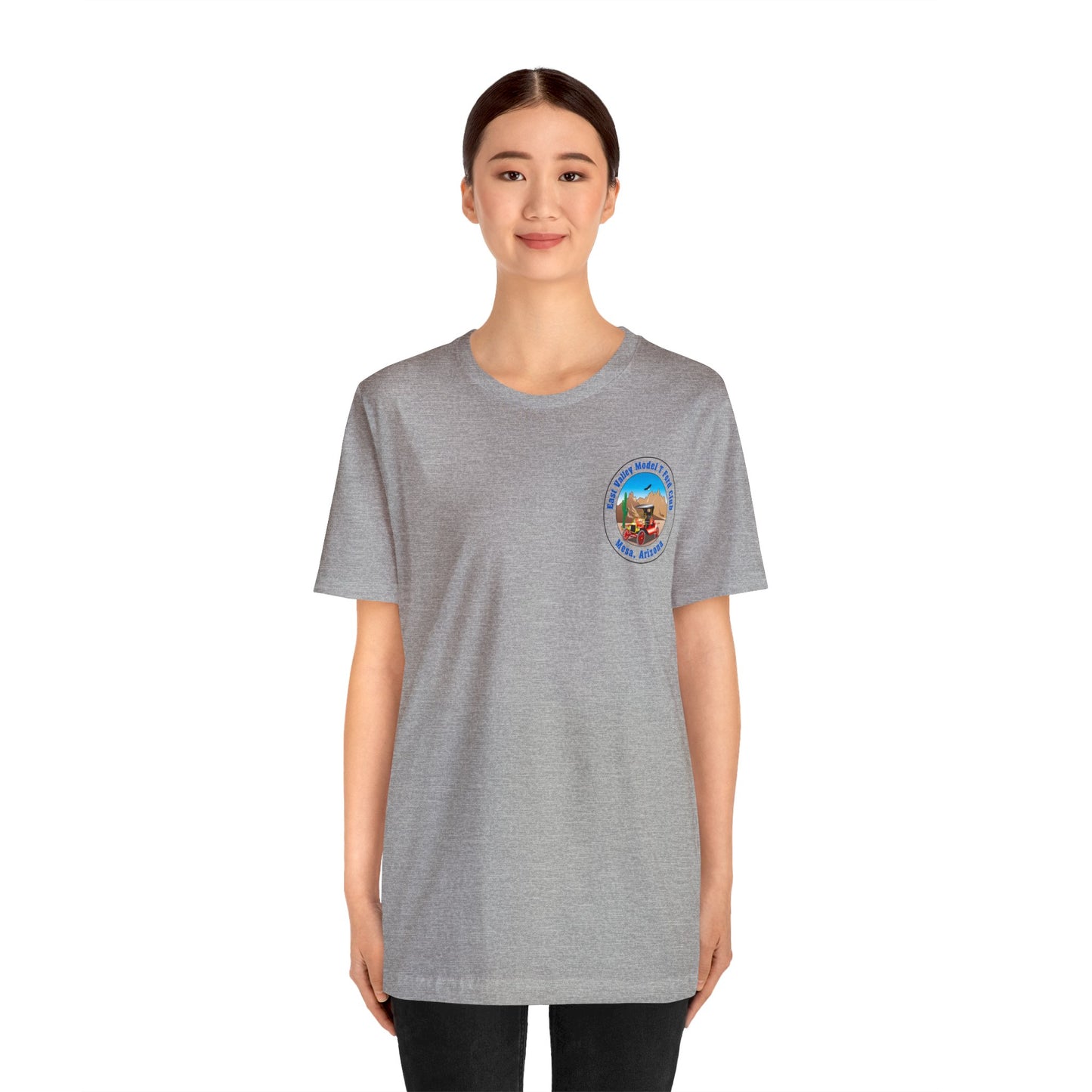 East Valley Model T Ford Club (front and back logo) Unisex Jersey Short Sleeve Tee