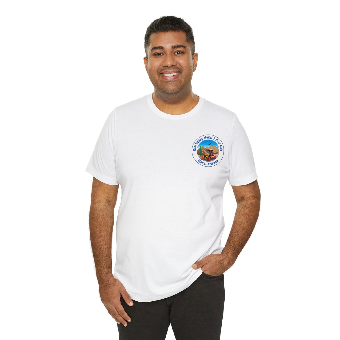 East Valley Model T Ford Club (front and back logo) Unisex Jersey Short Sleeve Tee
