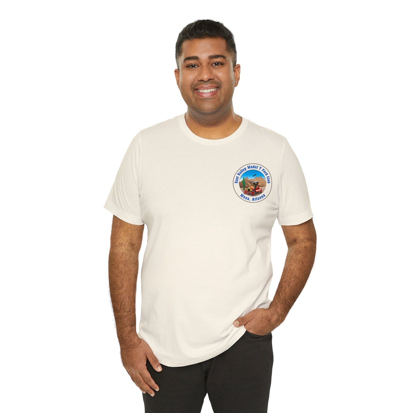 East Valley Model T Ford Club (front and back logo) Unisex Jersey Short Sleeve Tee