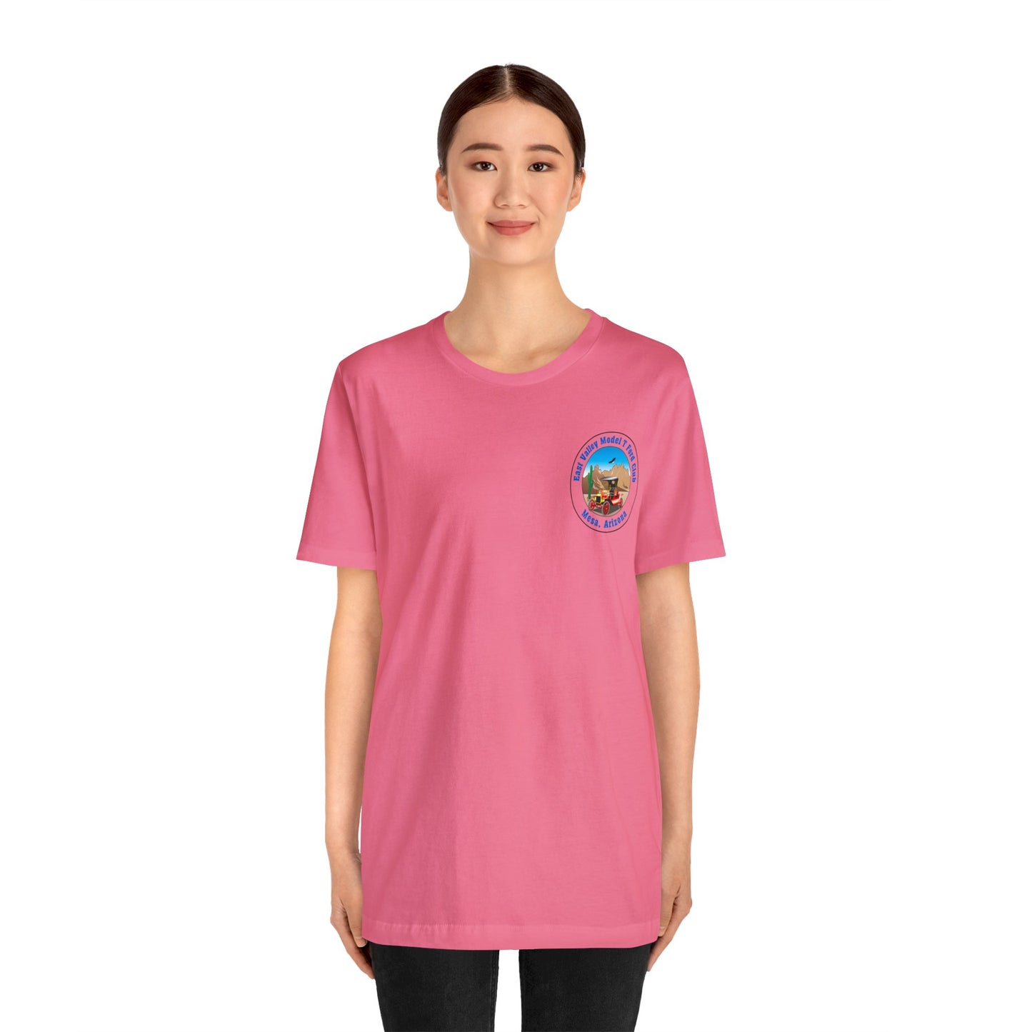 East Valley Model T Ford Club (front and back logo) Unisex Jersey Short Sleeve Tee