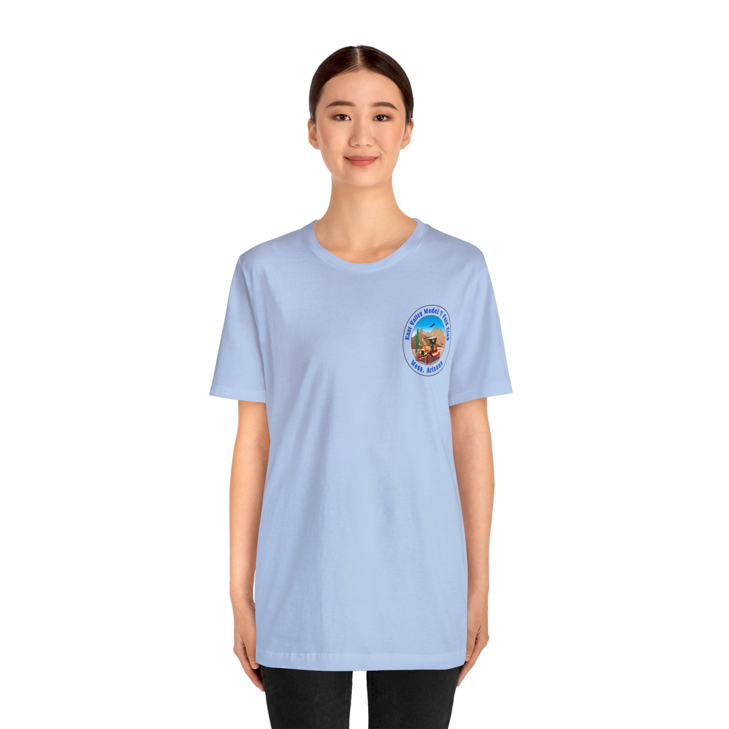 East Valley Model T Ford Club (front and back logo) Unisex Jersey Short Sleeve Tee