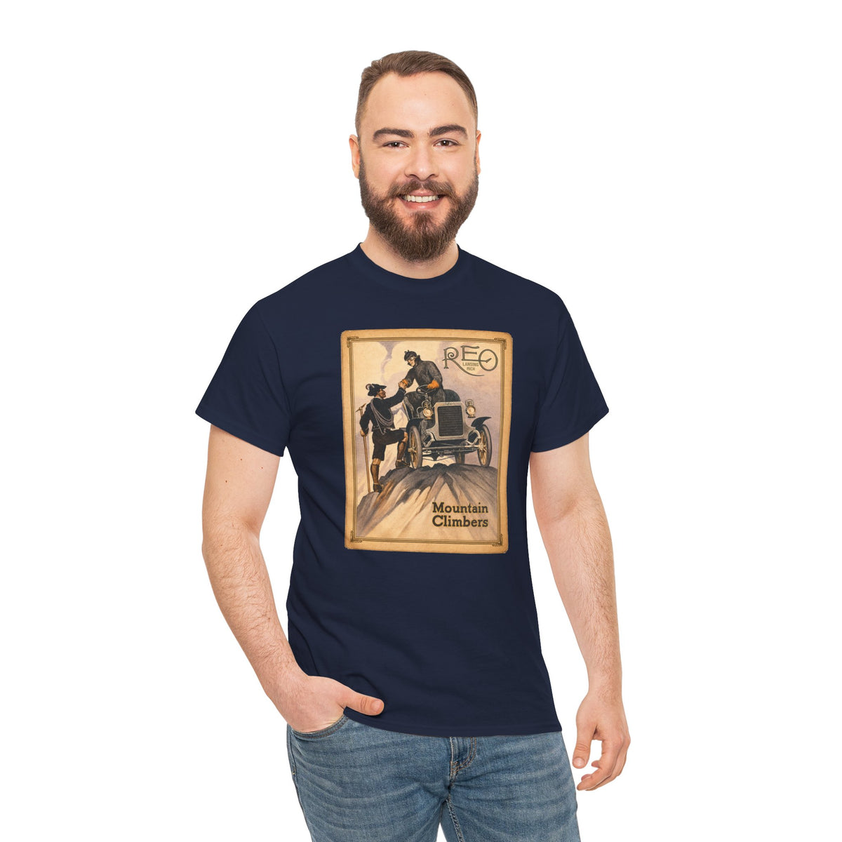 REO Lansing Michigan Mountain Climbers T-Shirt - Unisex Heavy Cotton Tee