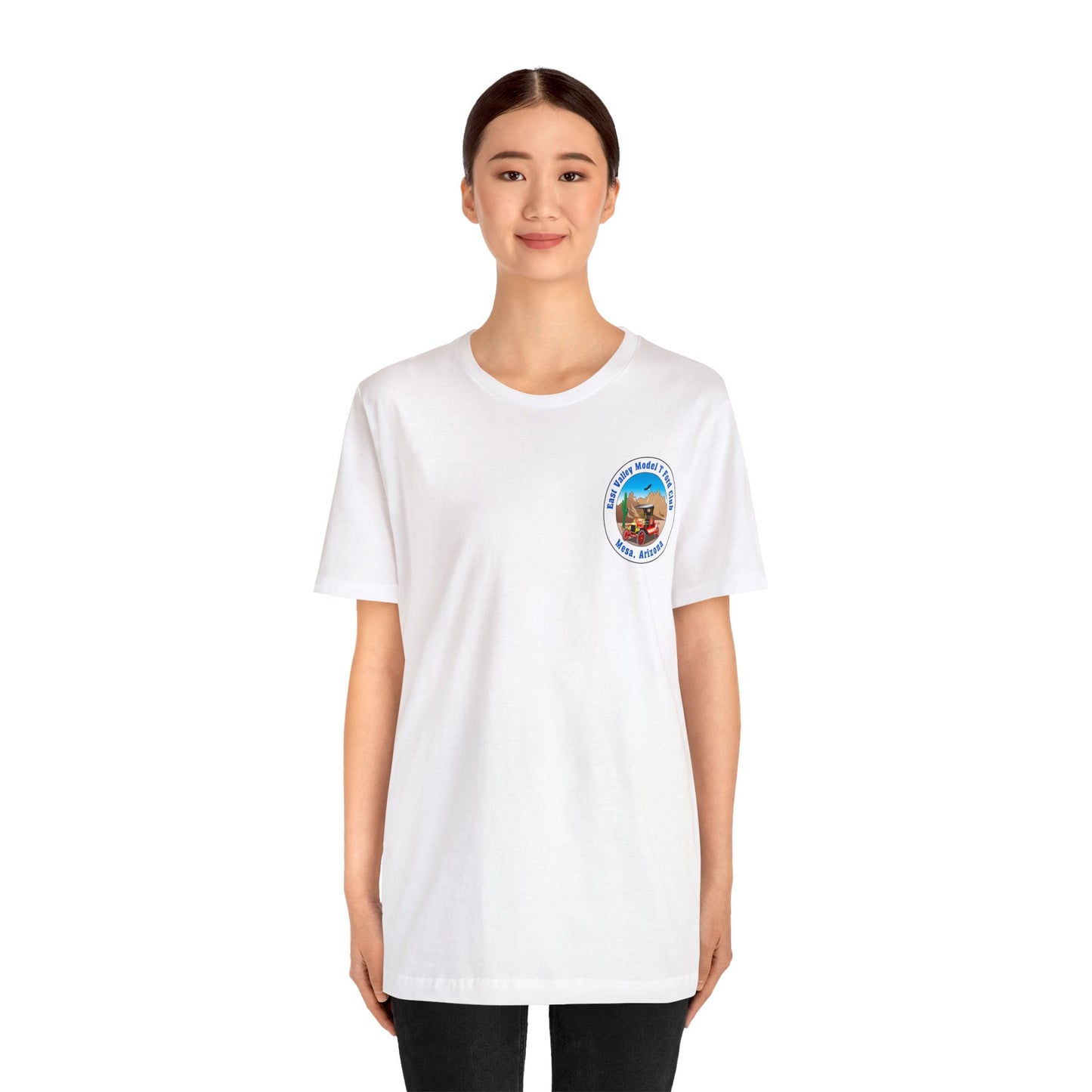 East Valley Model T Ford Club (front and back logo) Unisex Jersey Short Sleeve Tee