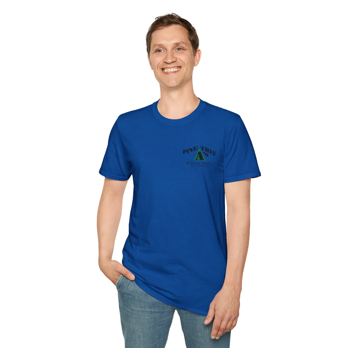 Pine Tree A's of Maine, MAFCA T‑Shirt with Front and Back Logos — Unisex Softstyle T-Shirt