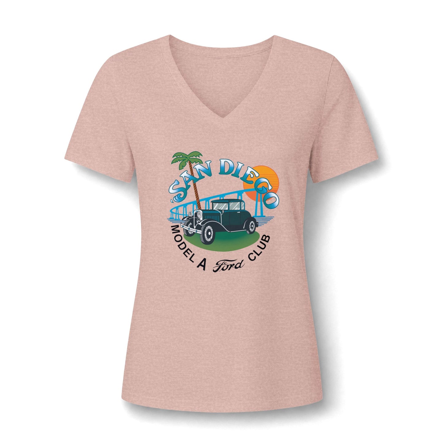 San Diego Model A Ford Club V-Neck Tee — Vintage Car Beach Graphic