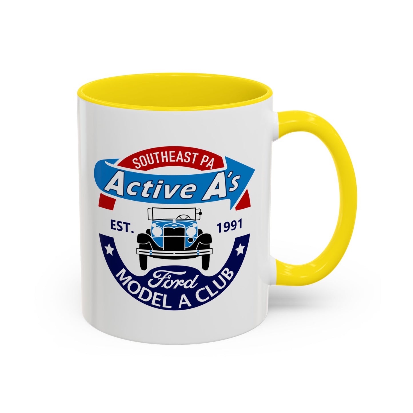Ford Model A Club Coffee Mug — "Active A's" Southeast PA Vintage Car Design (11/15 oz)