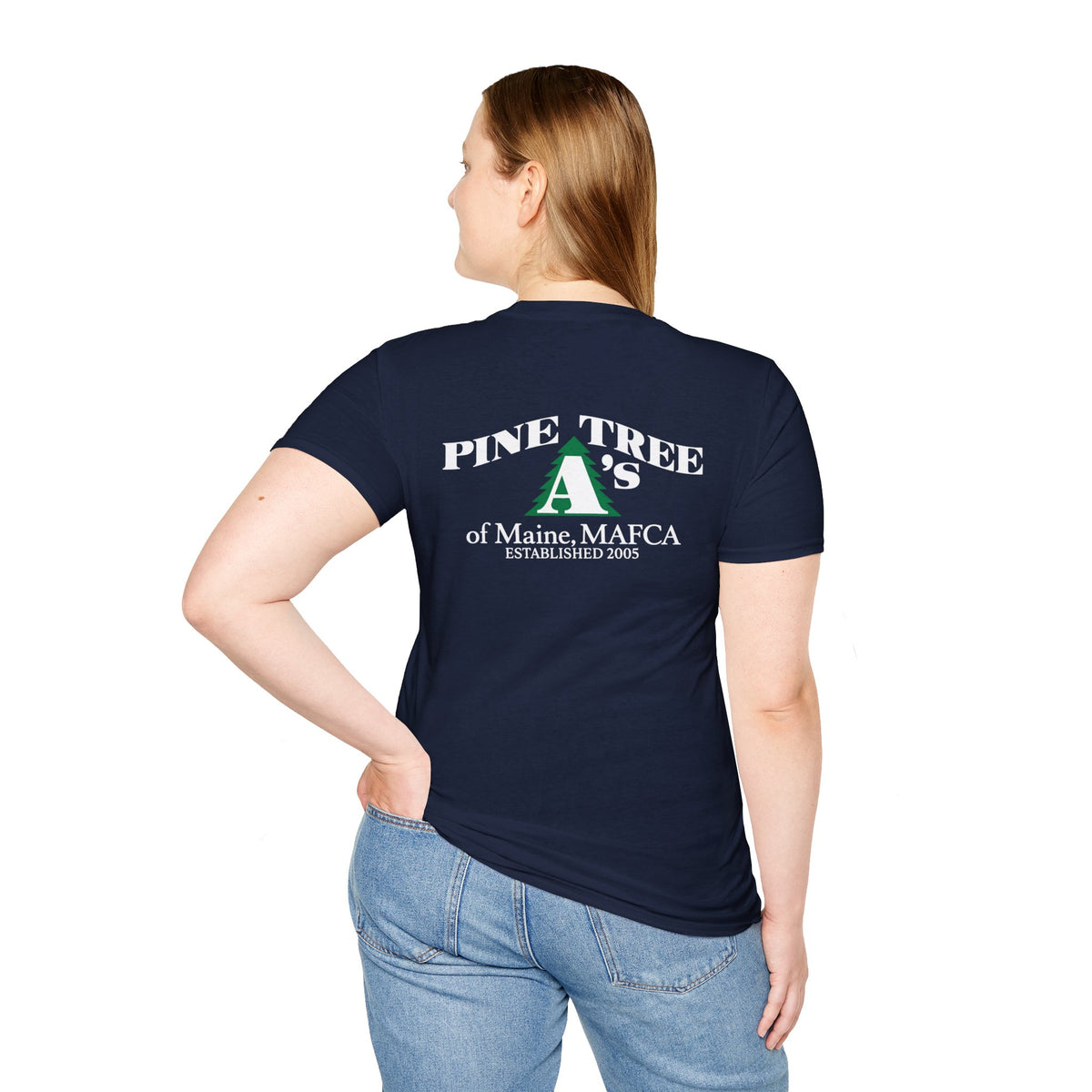 Pine Tree A's of Maine, MAFCA T‑Shirt with Front and Back Logos — Unisex Softstyle T-Shirt