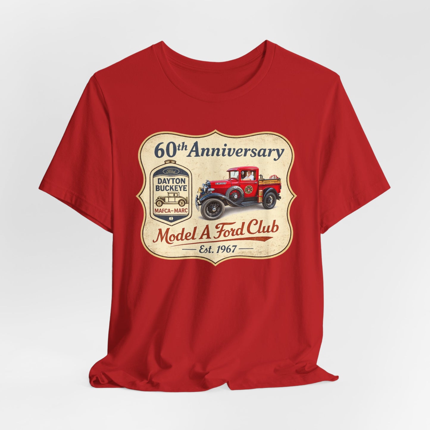Dayton Buckeye Model A Ford Club 60th Anniversary Tee (LTG) - Vintage Red Fire Truck Tee