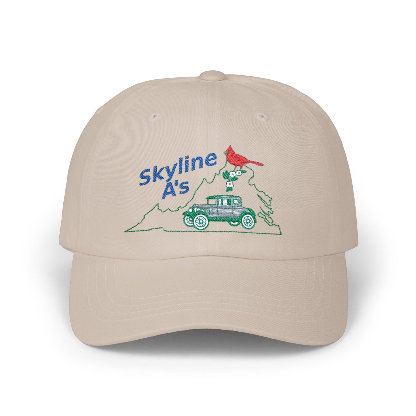 Skyline A's Embroidered Dad Hat — Vintage Car & Cardinal Design