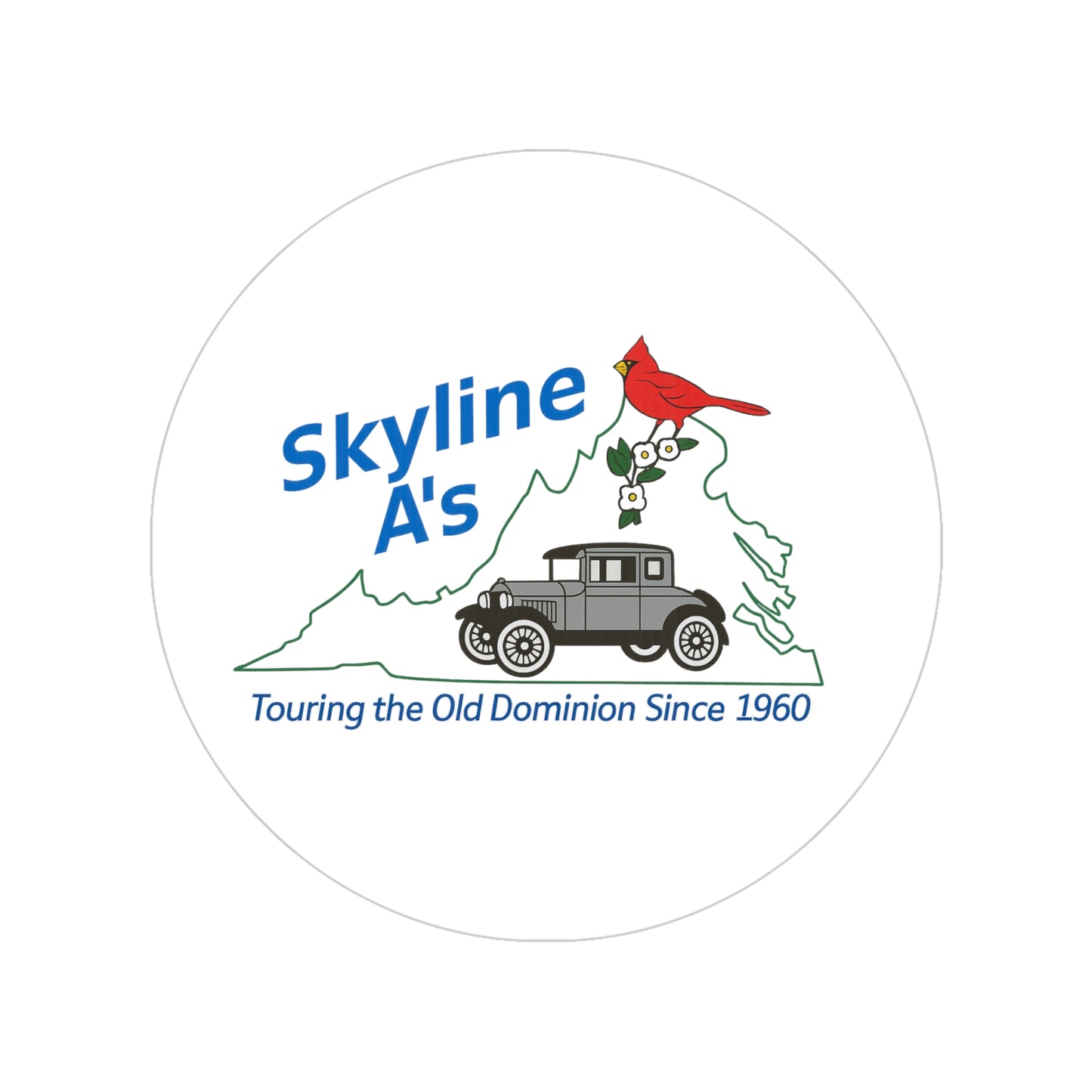 Skyline A's Round Transparent Outdoor Sticker — 'Touring the Old Dominion Since 1960'