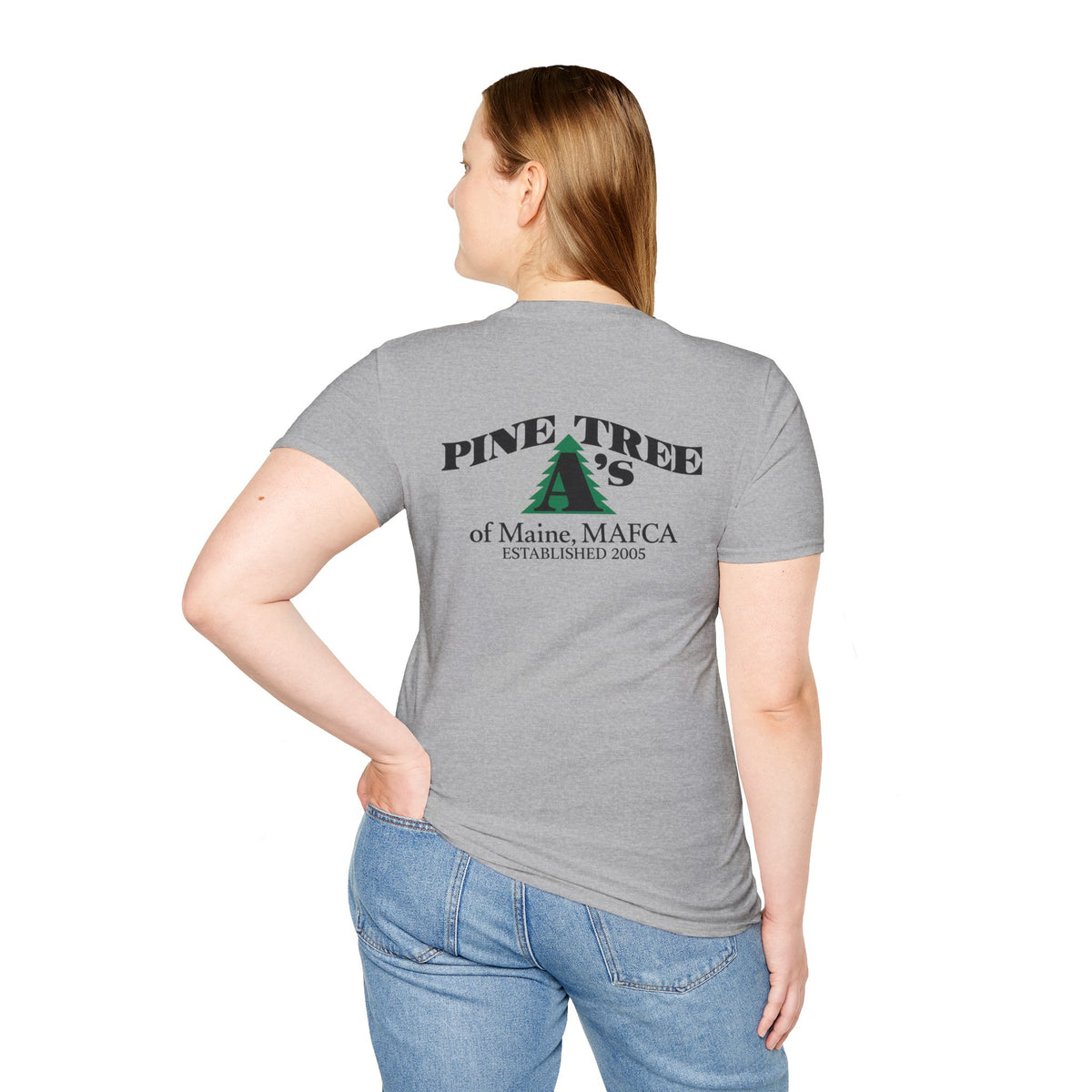 Pine Tree A's of Maine, MAFCA T‑Shirt with Front and Back Logos — Unisex Softstyle T-Shirt