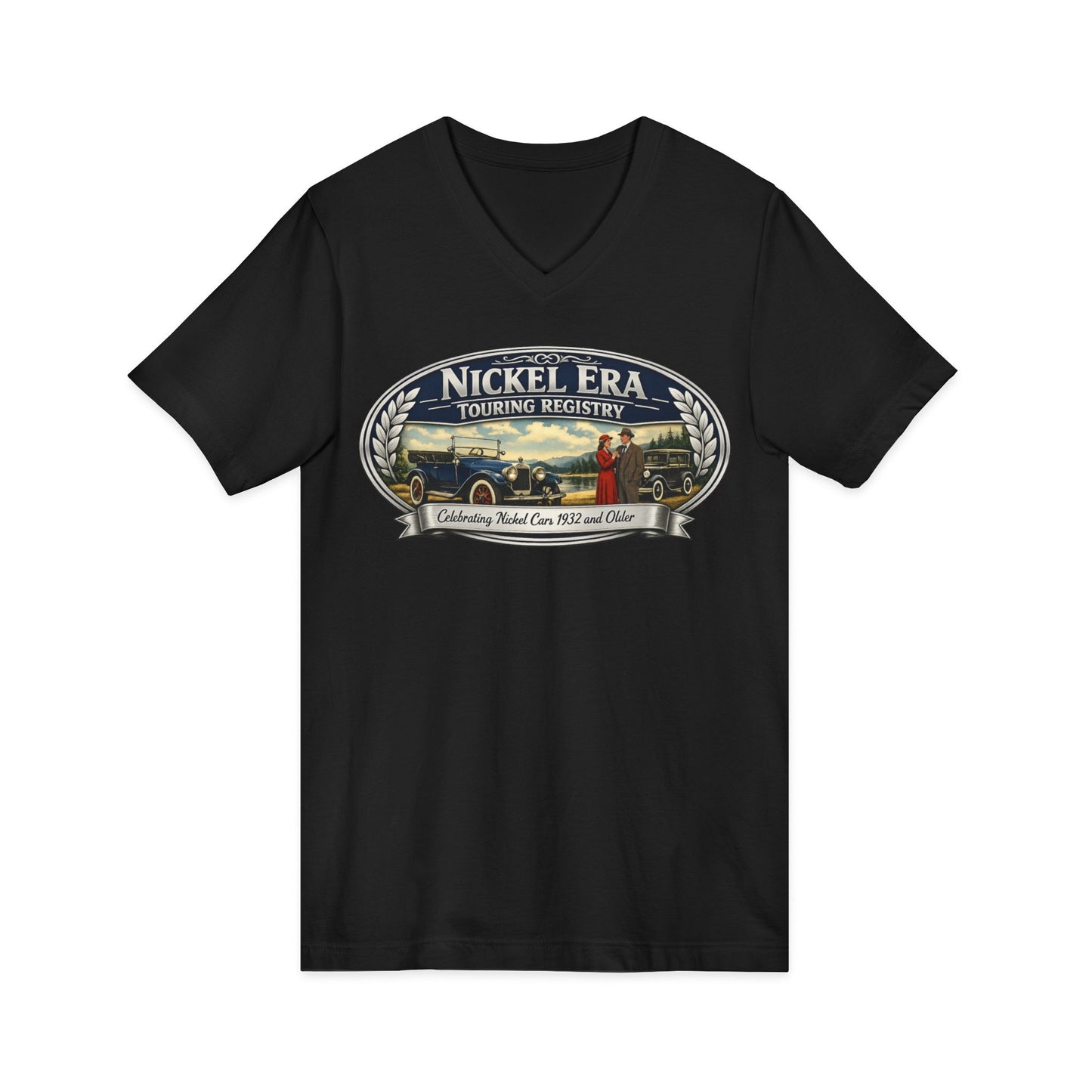 Nickel Era Touring Registry Women's V-Neck Tee — Vintage Car Club Graphic Shirt