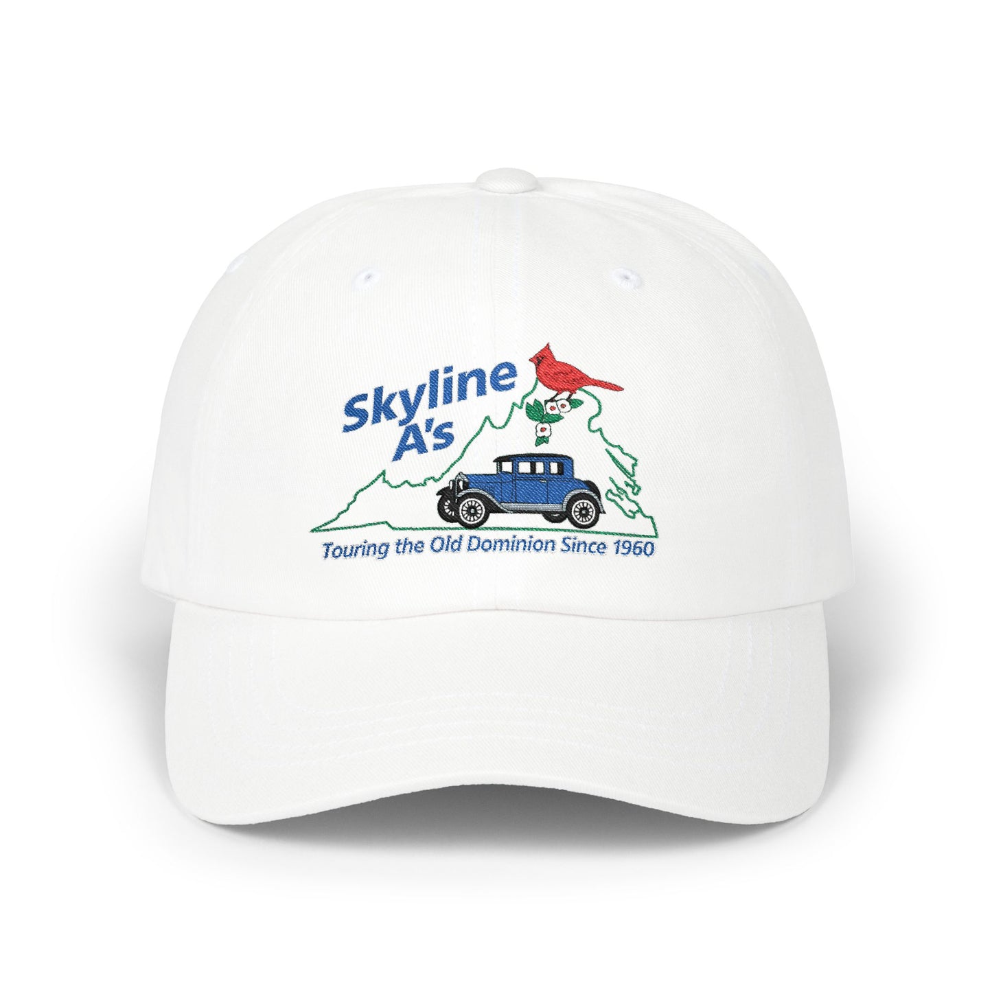 Skyline A's Embroidered Dad Hat — Vintage Car & Cardinal Design