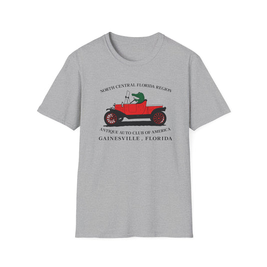 North Central Florida Region AACA T‑Shirt — North Central Florida Region Antique Auto Club (Gainesville) with Gator Driving Vintage Car