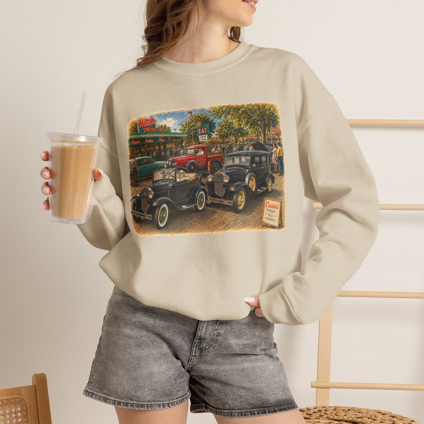 Mel's Drive-In (LTG) Crewneck Sweatshirt — Retro Antique Car Scene