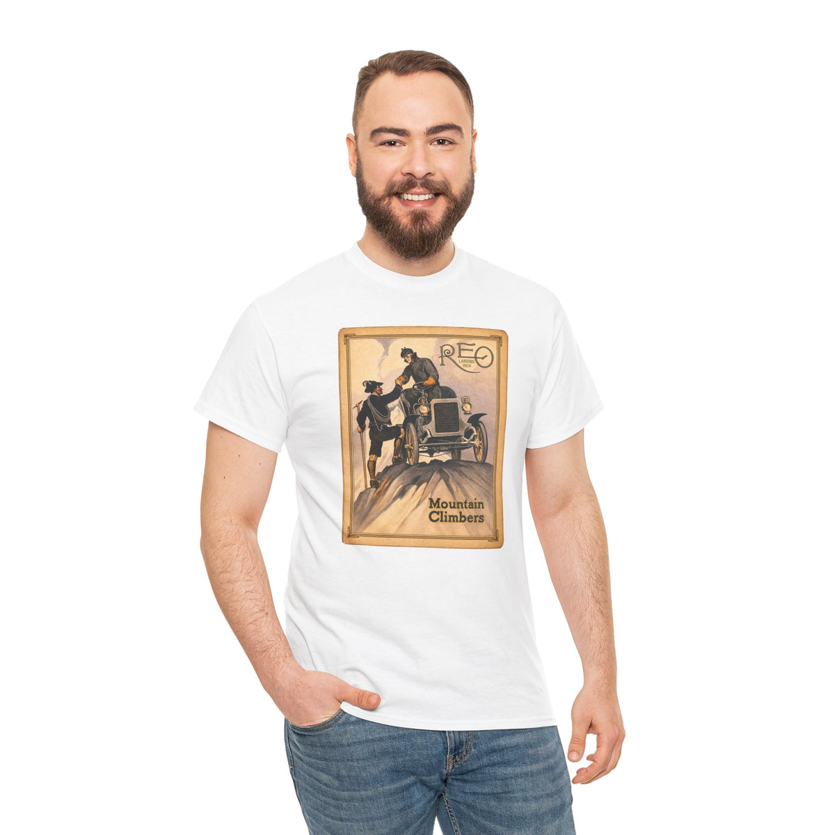 REO Lansing Michigan Mountain Climbers T-Shirt - Unisex Heavy Cotton Tee