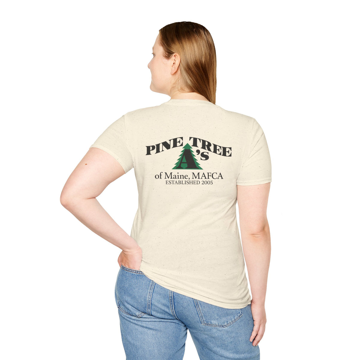 Pine Tree A's of Maine, MAFCA T‑Shirt with Front and Back Logos — Unisex Softstyle T-Shirt