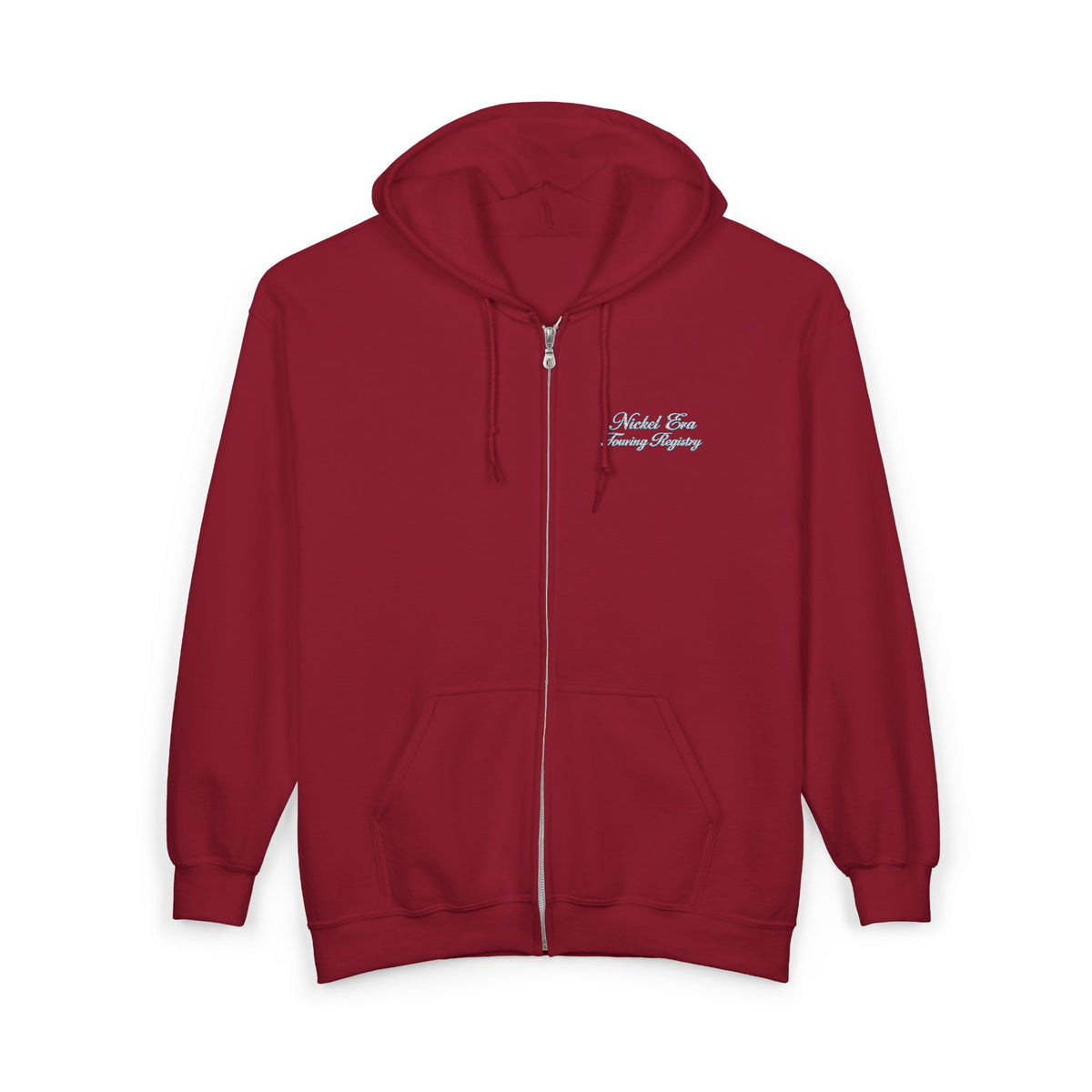 Nickel Era Touring Registry Hoodie with Embroidered Script Chest Text — Unisex Heavy Blend™ Full Zip Hooded Sweatshirt
