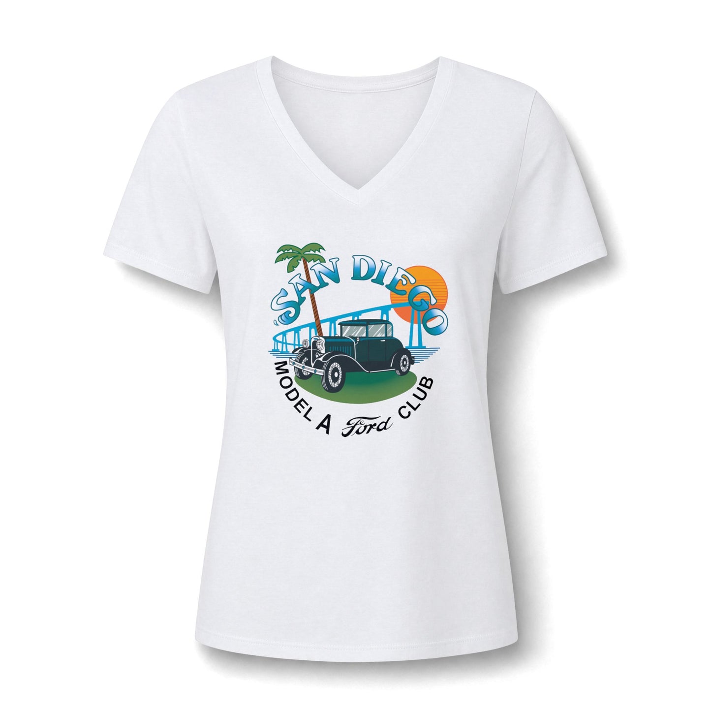 San Diego Model A Ford Club V-Neck Tee — Vintage Car Beach Graphic