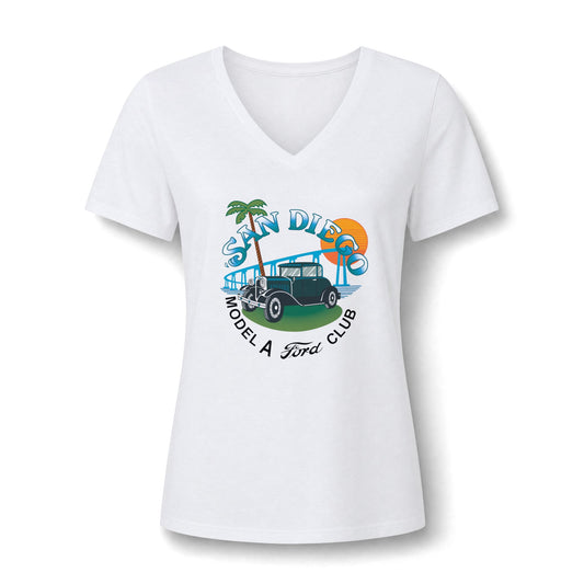 San Diego Model A Ford Club V-Neck Tee — Vintage Car Beach Graphic
