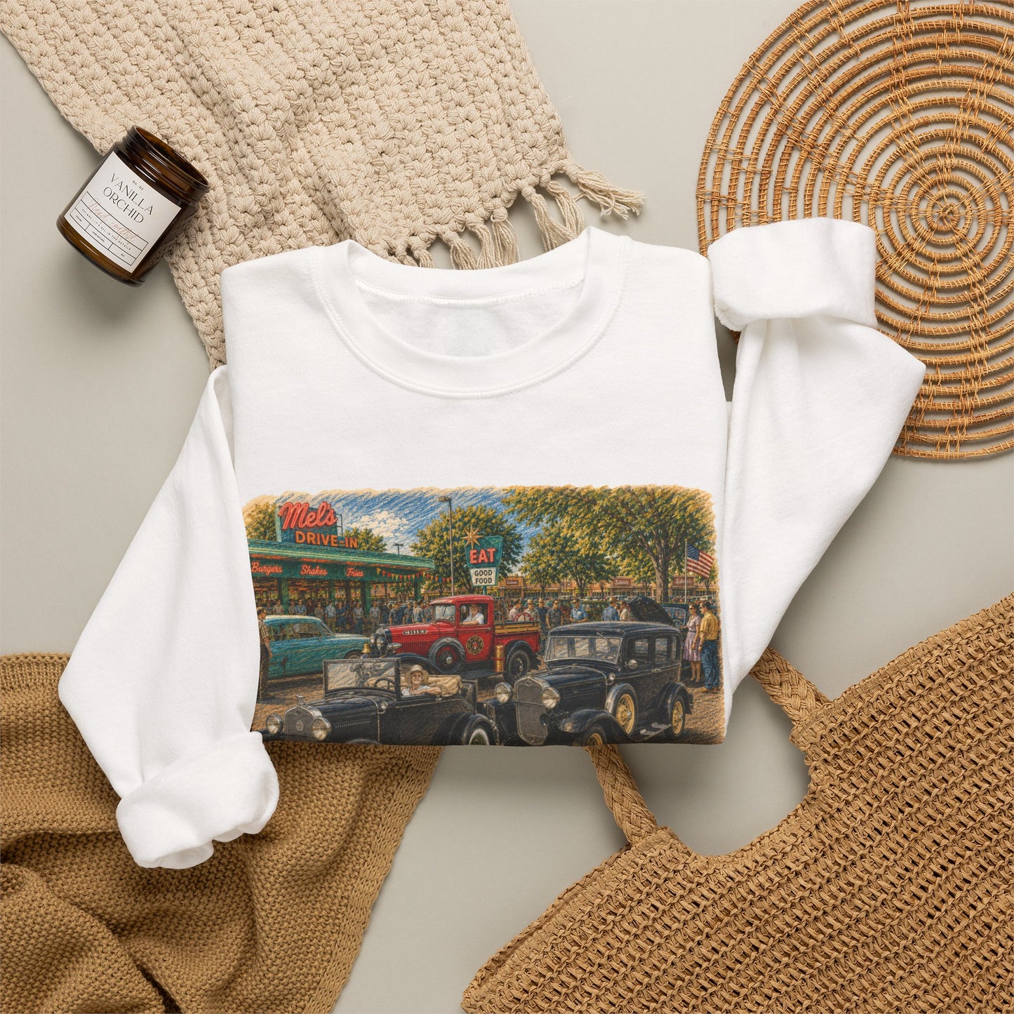 Mel's Drive-In (LTG) Crewneck Sweatshirt — Retro Antique Car Scene