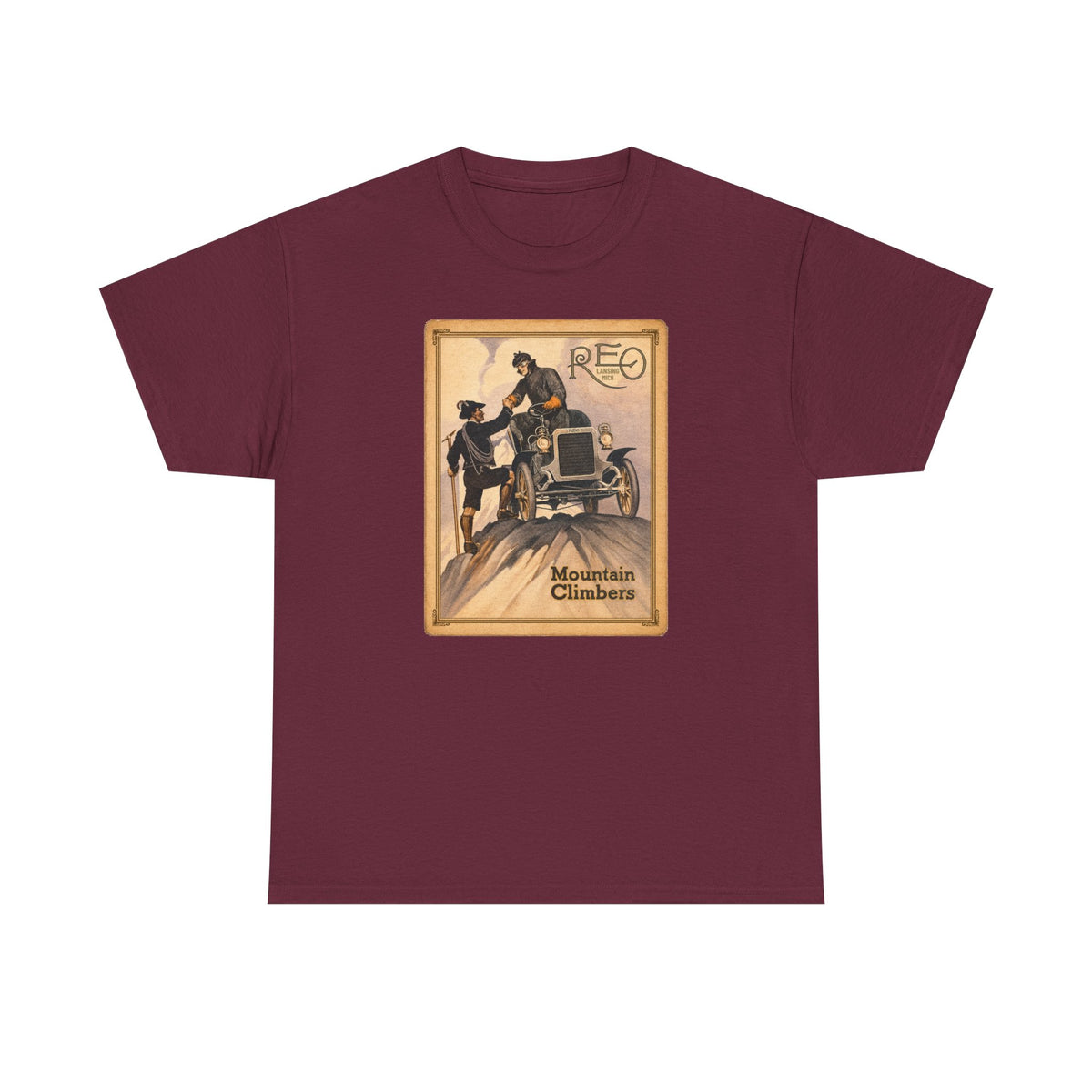 REO Lansing Michigan Mountain Climbers T-Shirt - Unisex Heavy Cotton Tee