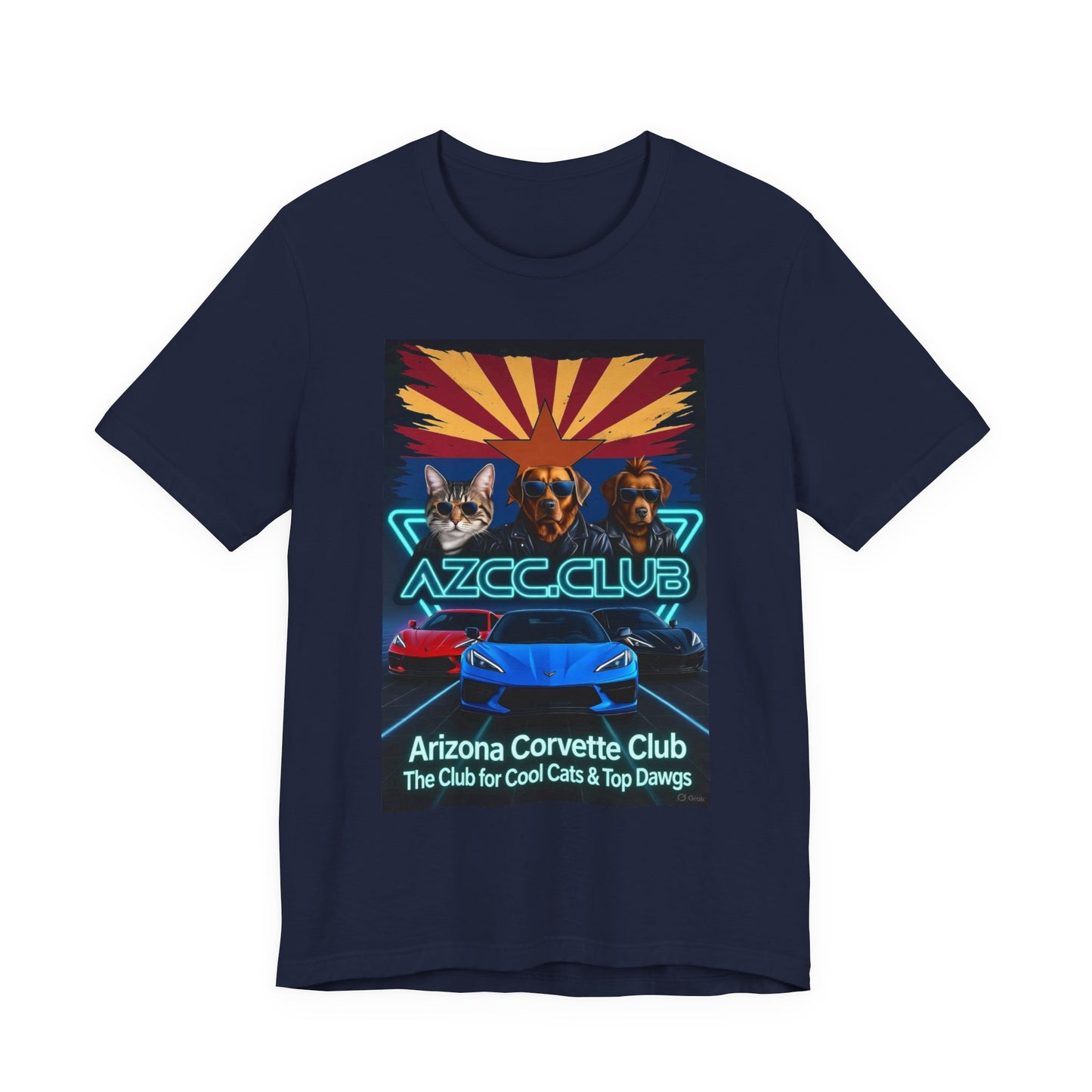 Arizona Corvette Club Tee — "AZCC.CLUB" Neon Retro Cat & Dog Corvette Tee