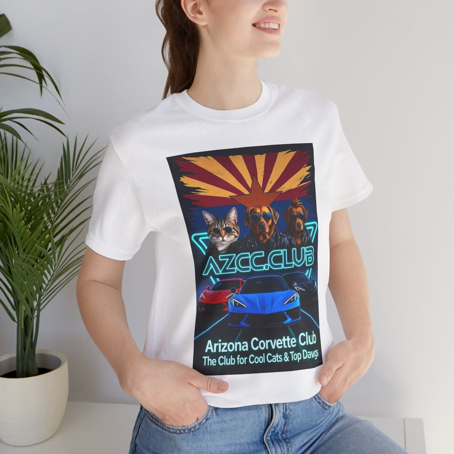 Arizona Corvette Club Tee — "AZCC.CLUB" Neon Retro Cat & Dog Corvette Tee