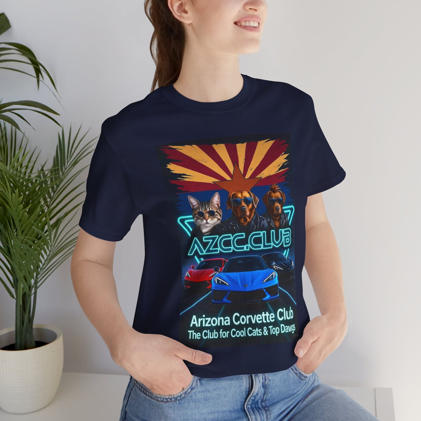 Arizona Corvette Club Tee — "AZCC.CLUB" Neon Retro Cat & Dog Corvette Tee