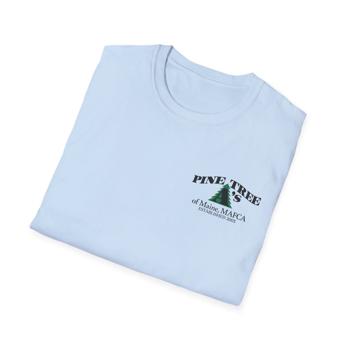 Pine Tree A's of Maine, MAFCA T‑Shirt with Front and Back Logos — Unisex Softstyle T-Shirt