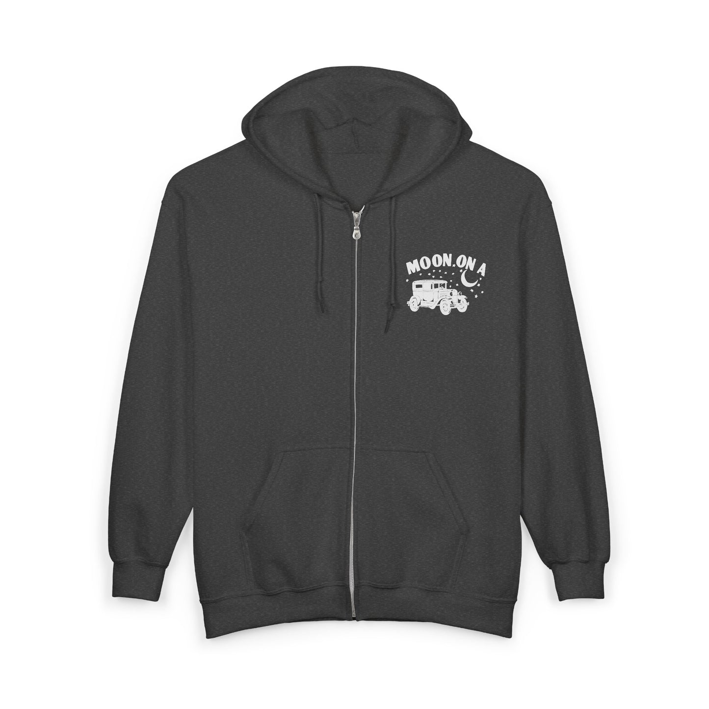 Moon On A Full Zip Hoodie - Small Logo on Front and Large Logo on Back