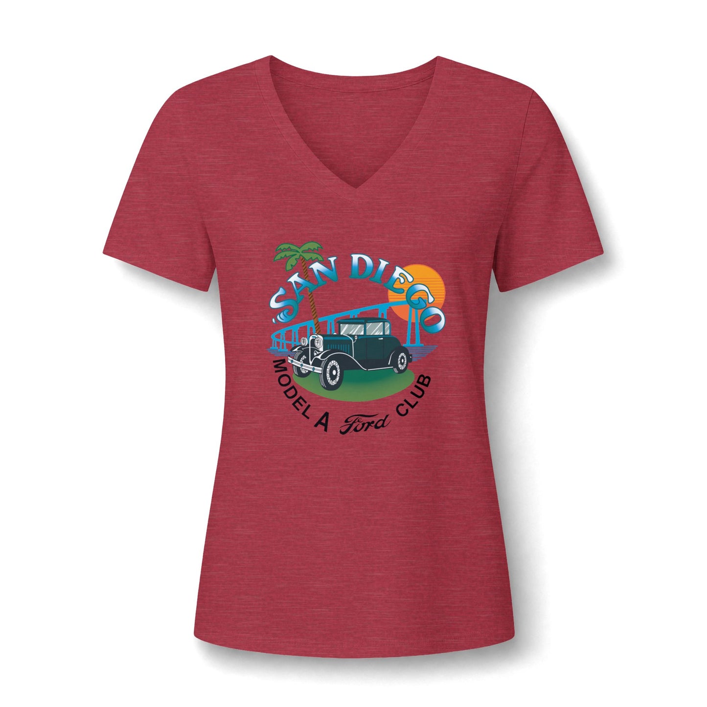 San Diego Model A Ford Club V-Neck Tee — Vintage Car Beach Graphic
