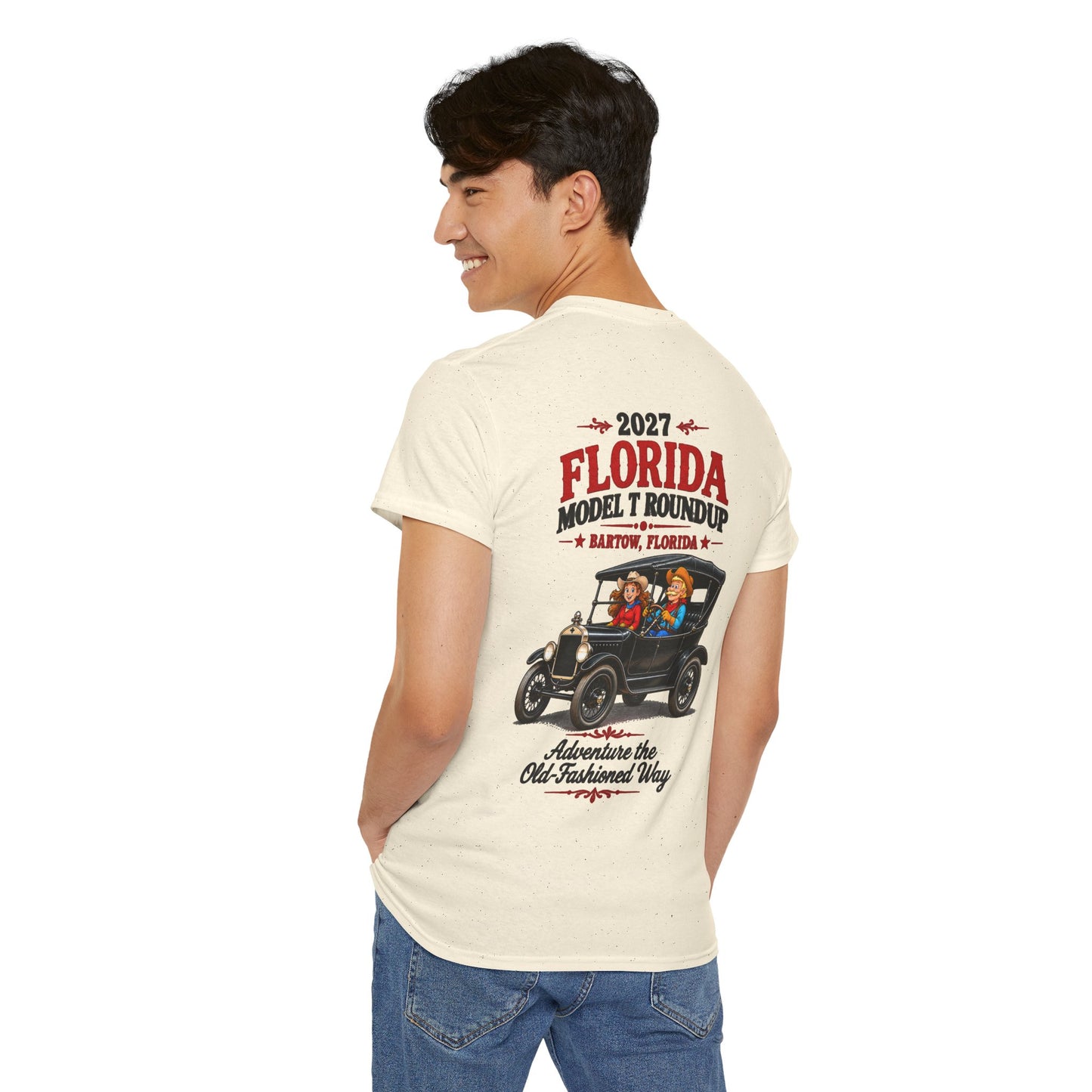Florida Model T Roundup 2027 T-Shirt — Unisex Heavy Cotton Tee (Front and Back Graphic)