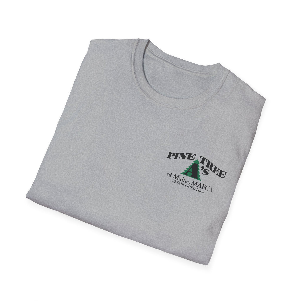 Pine Tree A's of Maine, MAFCA T‑Shirt with Front and Back Logos — Unisex Softstyle T-Shirt