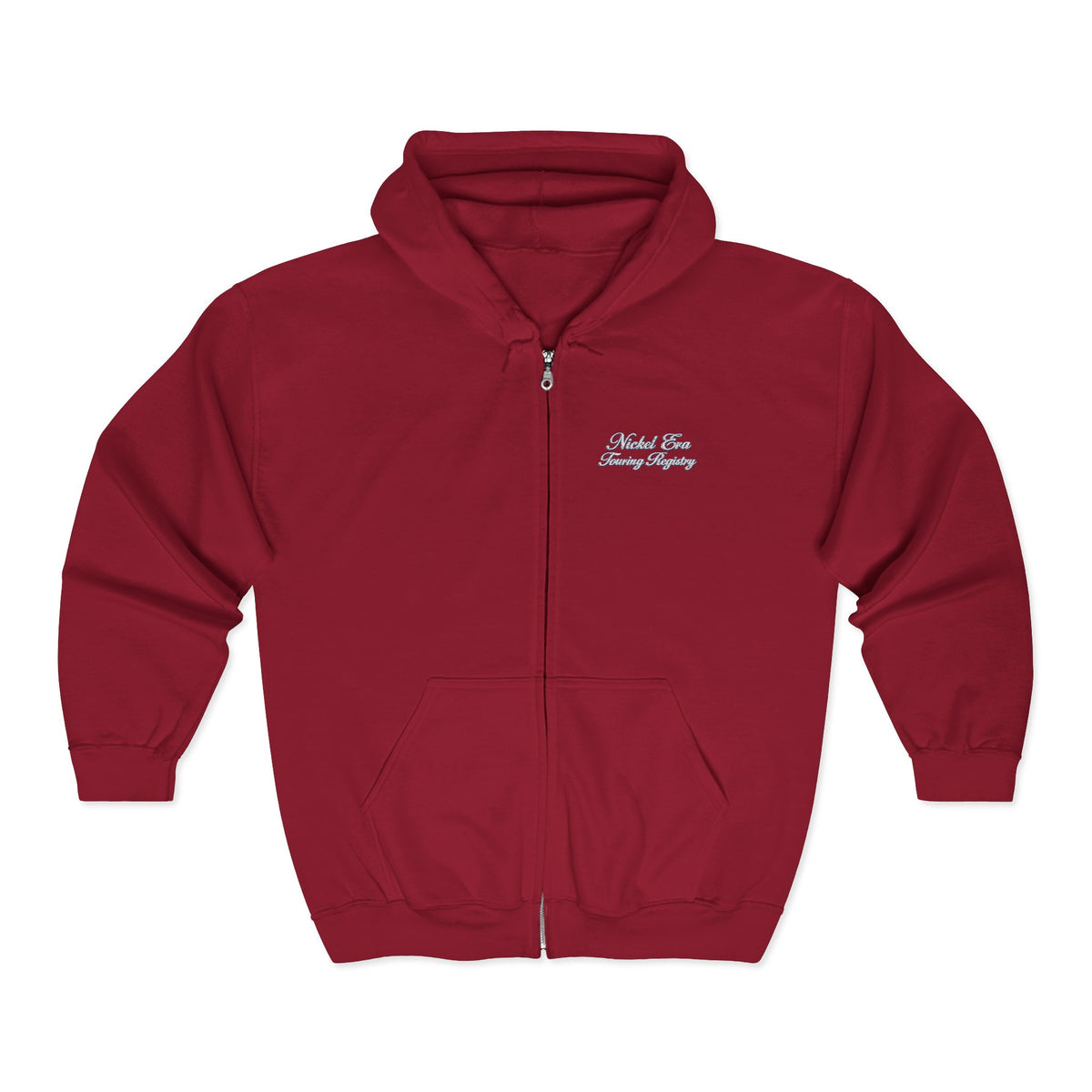 Nickel Era Touring Registry Hoodie with Embroidered Script Chest Text — Unisex Heavy Blend™ Full Zip Hooded Sweatshirt