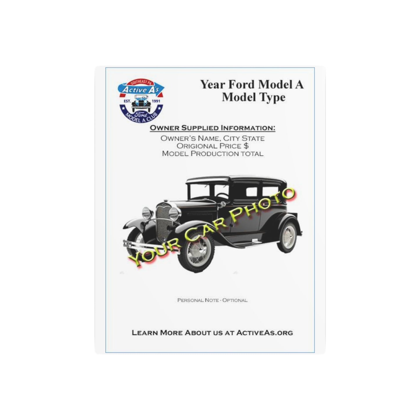 Active A's Ford Model A Club Metal Art Sign — “Southeast PA Active A’s” Vintage Car Emblem (Est. 1991)