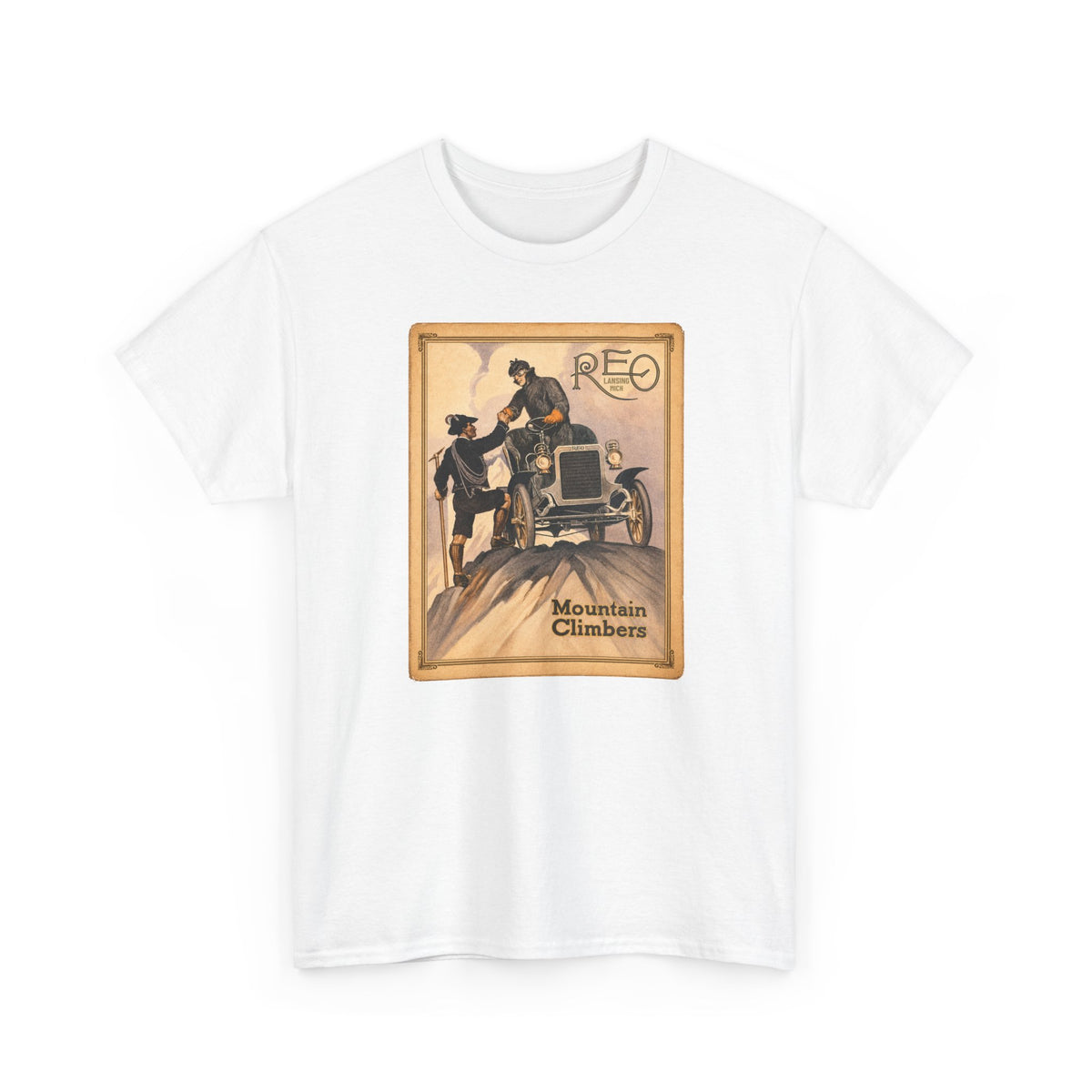 REO Lansing Michigan Mountain Climbers T-Shirt - Unisex Heavy Cotton Tee
